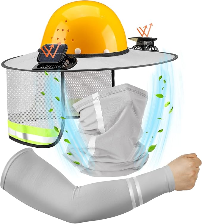 1 Set Sun Hard Hat Shade Full Brim Hard Hat Sun Visor with 2 Solar Fans and Neck Sunshade Cover UV Reflective Strap Arm Sleeves for Construction Workers Outdoor Protection(Light Grey)