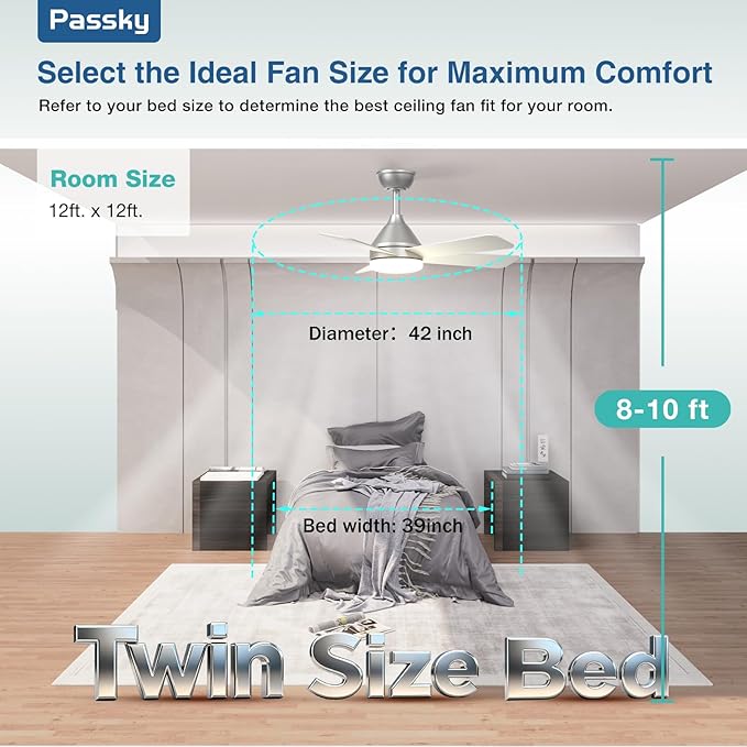 Passky Ceiling Fans with Lights, 42 inch Sleek Ceiling Fan with Light and Remote Control, 3CCT, Dimmable, Reversible, Noiseless, Silver Ceiling Fan for Bedroom, Living Room