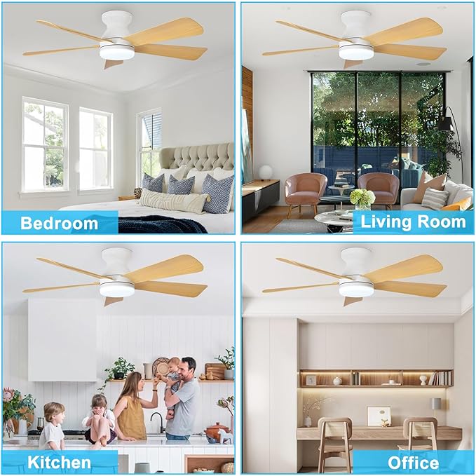 Depuley Modern Ceiling Fan with Light: 42-Inch White Small Fans for Bedroom Indoor Outdoor - Dimmable Low Profile Ceiling Fans with Remote Control Flush Mount 5 Reversible Wood Blades 6 Speeds Timer