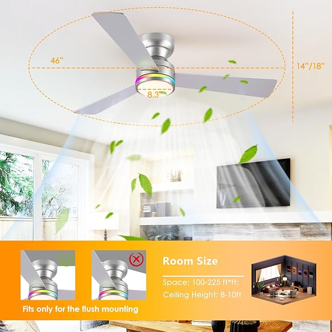 Asyko 46" Silver RGB Ceiling Fans Light,Low Profile Ceiling Fans with Lights and Remote,Modern Flush Mount Ceiling Fan Light with Quiet Reversible DC Motor for Bedroom Kids Room,Party