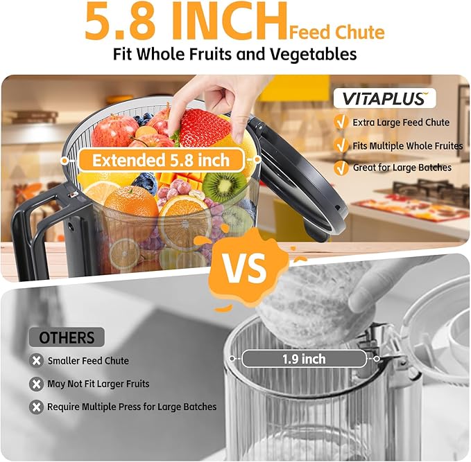 VITAPLUS Stainless Steel Auger Cold Press Juicer, AC Motor Slow Masticating Juicer, Plastic-Free Extractor for Whole Fruits & Vegetables, 5.8" Wide Chute, BPA-Free, Easy to Clean, FDA21 CFR Tested