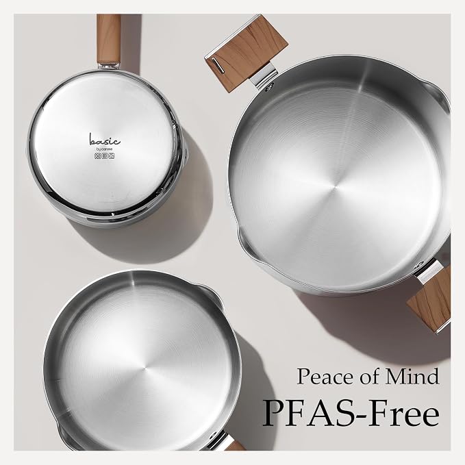 CAROTE 6QT Stainless Steel Stock Pot with Glass Lid, Large Soup Pot with Wood-Grain Handles, Deep Pot for Soup, Pasta & Stew