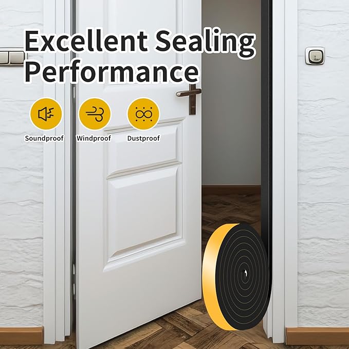 Weather Stripping Door Seal,Weather Stripping,Soundproof,Cold Insulation,High Density CR Foam Insulation Tape for Door, Front Door Frame, Windows,Sliding Door (Black, 1/2 in x 1/2 in x 26Ft)