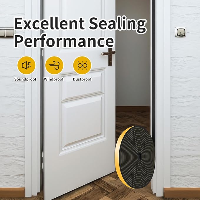 Weather Stripping Door Seal,Weather Stripping,Soundproof,Cold Insulation,High Density CR Foam Insulation Tape for Door, Front Door Frame, Windows,Sliding Door (Black, 1/2 in x 1/8 in x 13Ft)