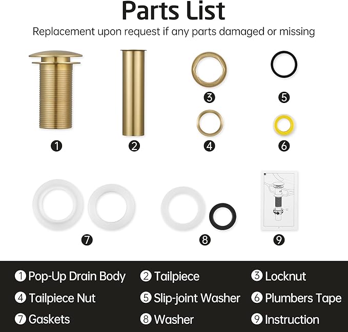 KES Sink Drain Without Overflow Bathroom Pop Up Drain Assembly Stopper Vessel Sink Brushed Gold for 1.6"-1.9" Sink Hole, All Metal Rustproof Brass and 304 Stainless Steel, S2008D-BZ