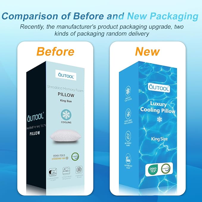 QUTOOL Cooling Pillow for Sleeping, CertiPUR-US Shredded Memory Foam King Pillow Set of 1, Cool Pillow for Hot Sleepers Adjustable Firm Pillow for Side, Back, Stomach Sleepers Soft Yet Support, White