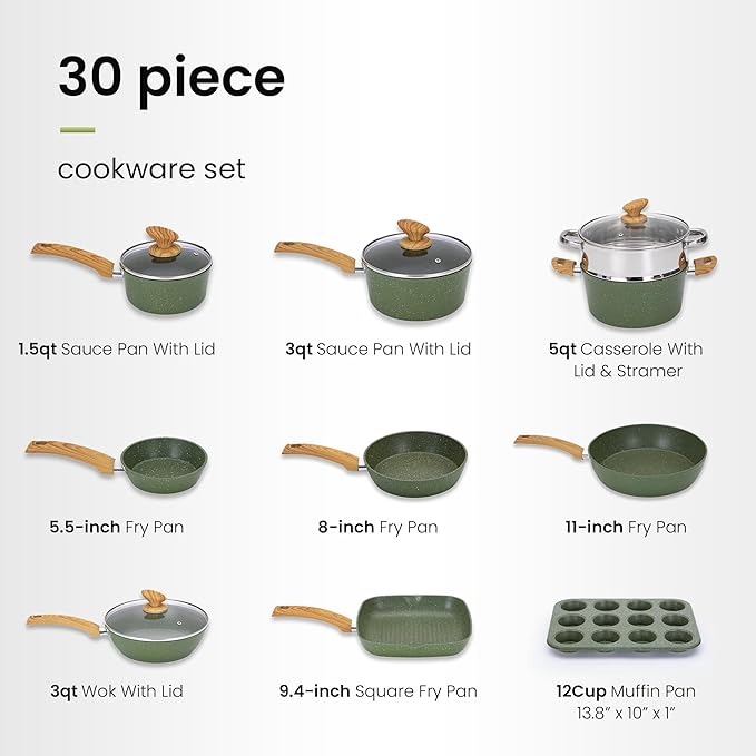 DishDelight Green Pots and Pans Set Non Stick, 30 Piece Induction Kitchen Cookware Sets for Cooking, Non Toxic Granite Pot and Pans Set, PFOA&PFOA Free