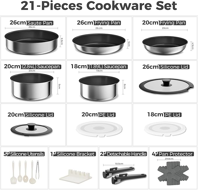 Sanho 21-Piece Pots and Pans Set, Healthy Ceramic Nonstick Cookware with Detachable Handles, Non-Toxic 4-Layer Stainless Steel & Aluminum Core, Induction RV Kitchen Set, Dishwasher & Oven Safe, Black