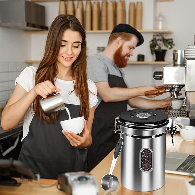Airtight Coffee Canister with Date Tracker&Transparent Window, 35OZ Coffee Container with 30ML Measure Spoon&4 co2 Valve, Coffee Bean Storage Container for Grounds Coffee, Beans, Tea(Silver)