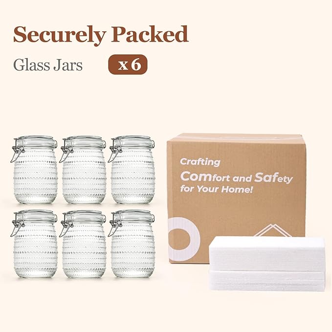 ComSaf 34oz / 6 Pack Glass Food Storage Jars with Airtight Lids, Vintage Hobnail Pattern Wide Mouth Canister Set for Pantry Organization, 1000ml Clear Containers for Coffee, Beans, and Snacks