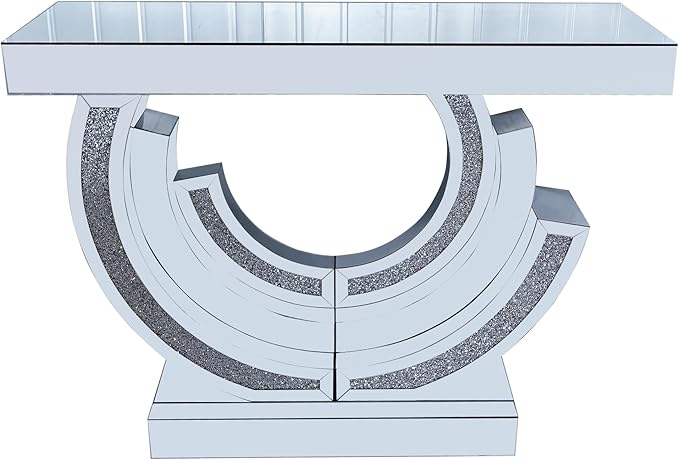 SSLine 2-Piece Set Mirrored Console Table with Wall Mirror, 43" Modern Mirror Entryway Table with 3C-Shape Base, Round Crush Diamond Decor Mirror for Entryway Hallway