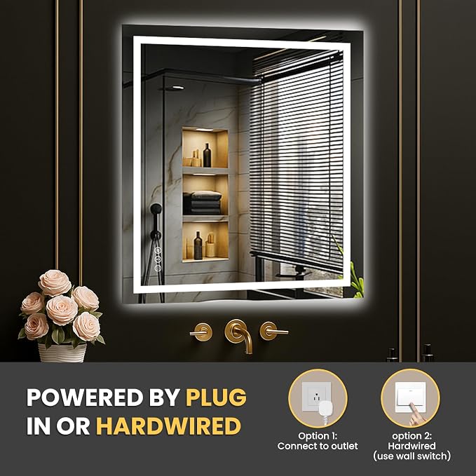 LOAAO 24"X28" LED Bathroom Mirror with Lights, Anti-Fog, Dimmable, Backlit + Front Lit, Lighted Bathroom Vanity Mirror for Wall, Memory Function, Tempered Glass, Safe to Use, ETL Listed