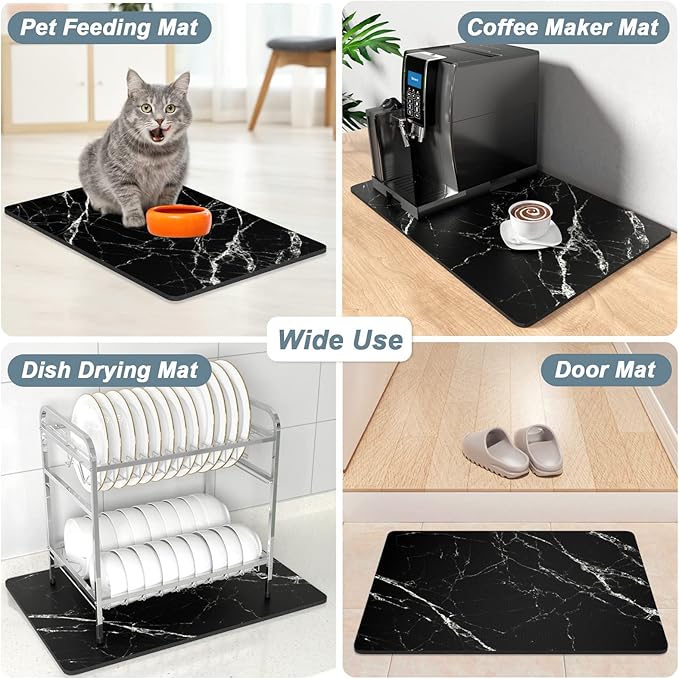 Rnivvi Coffee Mat, 16" x 24" Cute Marble Style Coffee Bar Mats for Espresso Machine Station Accessories and Organizer, Hide Stain Rubber Backed Absorbent Dish Drying Pad for Kitchen Counter, Black