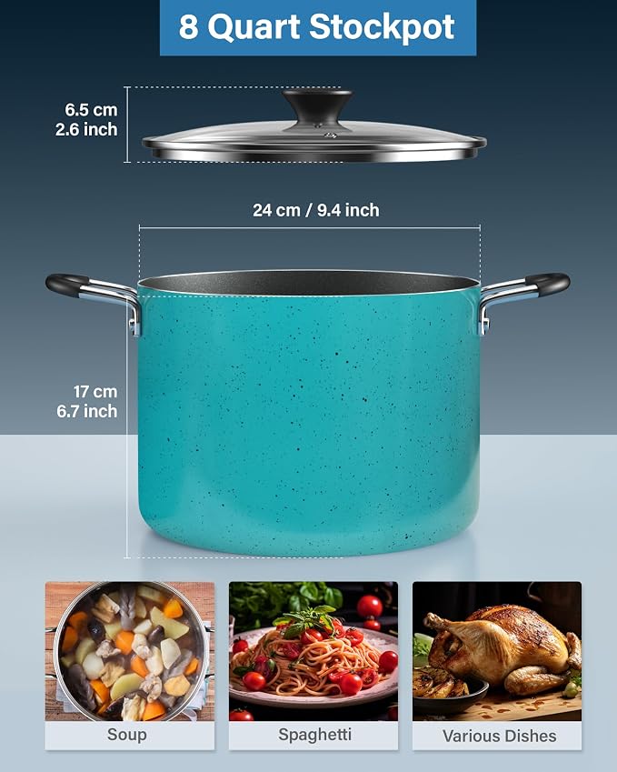 Cook N Home 8 Quart Non Stick Stock Pot with Lid, Large Pots for Cooking | Nonstick Soup Pot, Stockpot Induction Cookware - Oven & Dishwasher Safe, Turquoise