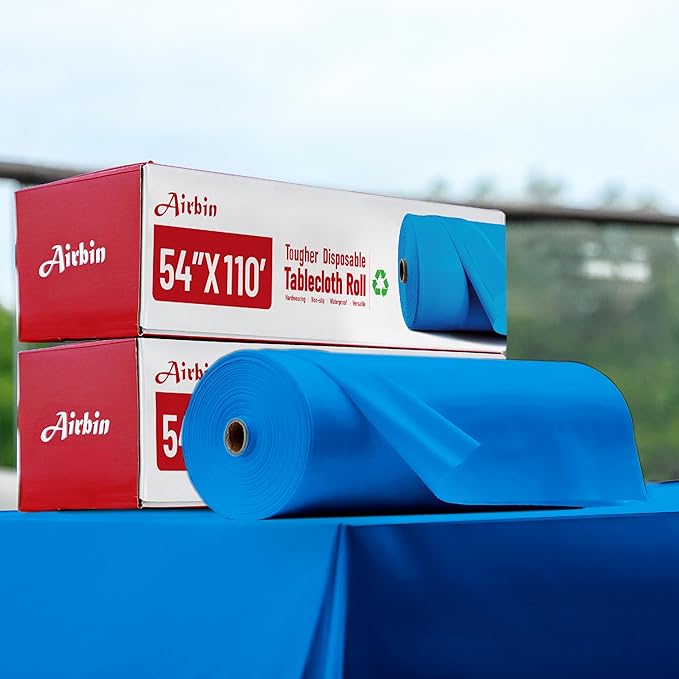 Plastic Table Cloth, 110 Ft X 54 in Disposable Tablecloth Blue Tablecloth Premium PEVA Plastic Table Cloth Disposable with Any Cut Sliding Cutters for Picnics, Parties, Birthdays, Festivals
