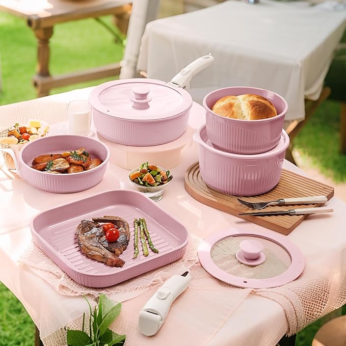 24-Piece Non-Stick Aluminum Cookware Set, Kitchen Collection with Glass Lids, Stackable Storage, PFOA-Free, 8-inch Skillet, Plastic Handle, Hand Wash Recommended (PINK)
