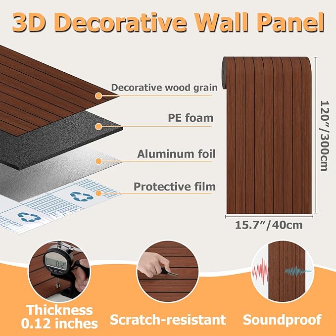 Arthome Peel and Stick Slat Wall Panels 15.7 "x120,Self-Adhesive PVC Wood Grain Wallpaper Panel,3D Thick Faux Soundproof Backsplash Accent Wall Tile for Walls & Furniture (Walnut Coverage 13 Sq.ft)