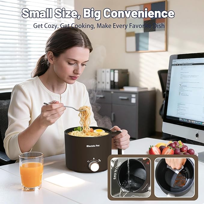 Electric Hot Pot :1.5L Mini Ramen Cooker with Overheat & Boil-Dry Protection, Suitable for Noodles, Soup, Oatmeal, College Dorm Office Travel Essentials (Brown, 1.5L)