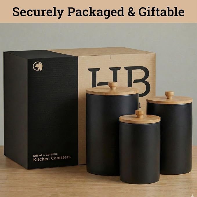 Ceramic Kitchen Canisters for Countertop Set of 3 with Airtight Bamboo Lids - Black Kitchen Canisters with Airtight Lids - Flour Sugar Canister Set - Flour and Sugar Containers Farmhouse - Coffee Jar