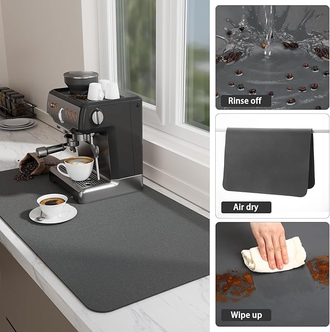 Ecotrim Absorbent Coffee Mat , Stain Hiding PU Leather Surface, Non-Slip Natural Rubber Backing, Quick Dry Mat for Espresso Machine, Kitchen Counter ,Dark Grey | 17" x 31.5"