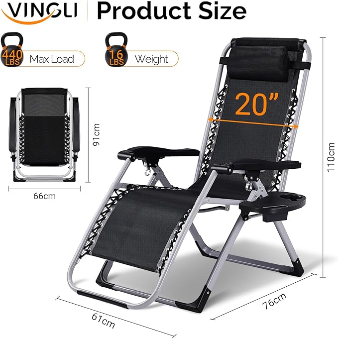 VINGLI Padded Zero Gravity Chair, Lounge Chair with Removable Cushion & Tray, Folding Reclining Patio Chairs, Recliner Chair for Lawn,Indoor and Outdoor-Blue