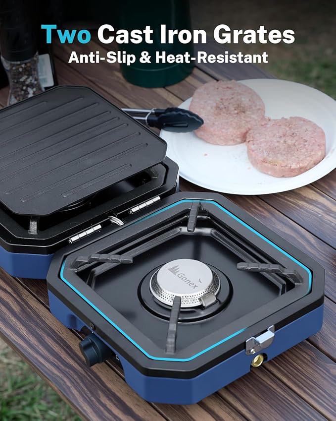 Gonex Camping Stove with 2 Burner Griddle & Grates, Portable Foldable Cooking Stove with Total 16,000 BTU, Two Piezo Ignition Adjustable Burners for Camping (Blue)