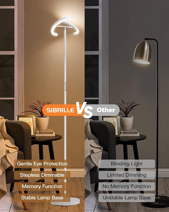 SIBRILLE White Floor Lamp, Modern Stepless Dimmable Standing Lamp 3000-6000K, 20W LED Rotatable Reading Tall Lamp, Touch & Remote Control Uplighter Floor Lamps for Living Room Bedroom Office