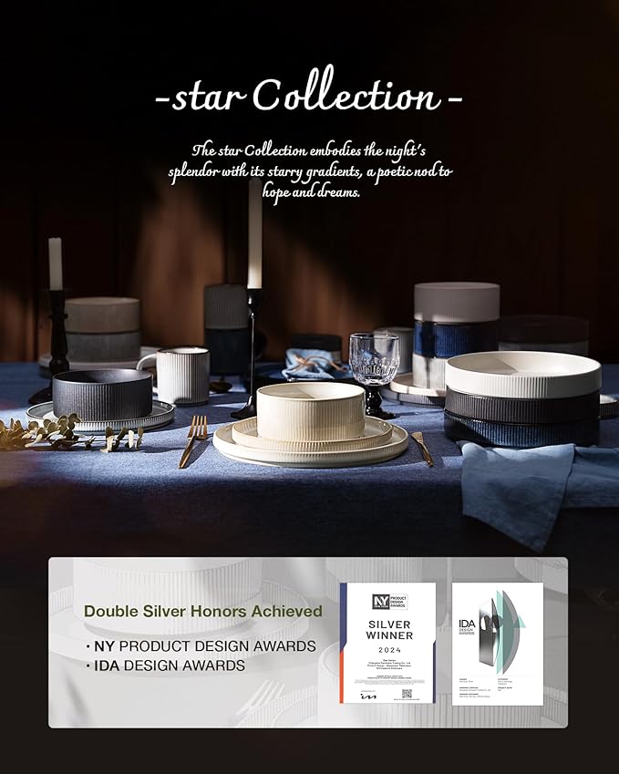 Famiware Star 16-Piece Stoneware Dinnerware Set with Trim, Service for 4 -Ceramic Mugs, Plates and Bowls, Modern Rustic Dishes with High Edge, Chip/Scratch Resistant, Microwave/Dishwasher Safe, White