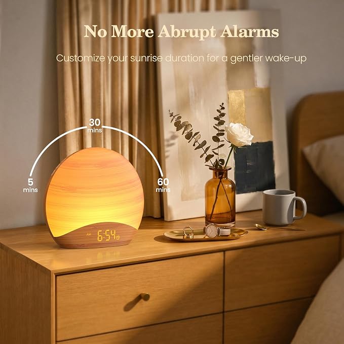 REACHER Natural Wood Grain Sound Machine Sunrise Alarm Clock,26 Nature Inspired Sleeping Sounds, 0-100% Dimmable Clock, Night Light,Brown/Pink/White Noise Sound Machine for Babys, Kids, Adults