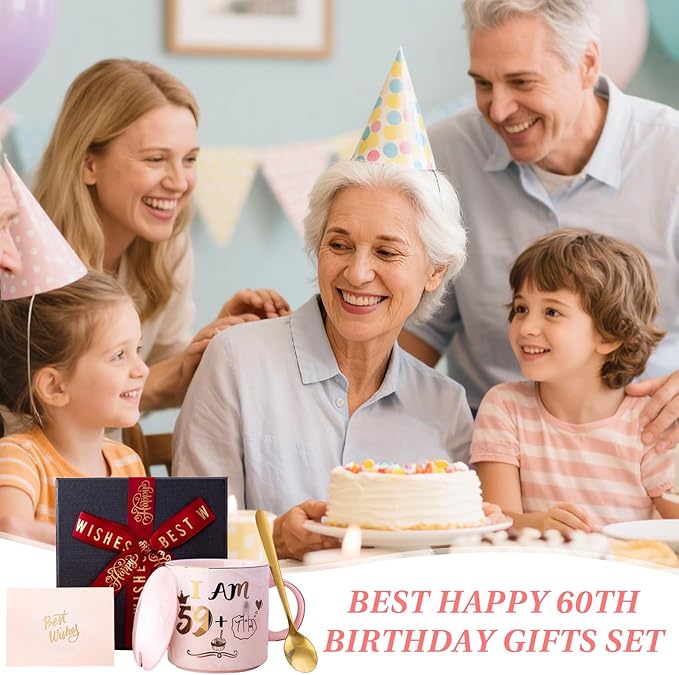 Funny 60th Birthday Coffee Mug for Women - 14oz Pink Marble Ceramic Mug, Playful Gold 59 Plus 1 Hand Design - Hilarious Turning 60 Year Old Gift for Mom, Sister, Best Friend, Wife, Neighbor, Colleague