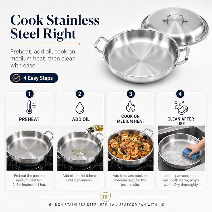 DELARLO 16 Inch Stainless Steel Paella Pan with Lid, 5-Ply Fully Clad,Jumbo Frying Pan for 12-14 Servings, PFOA & PTFE Free Skillet for Gas Stove, Great for Paella Parties Indoors Outdoors