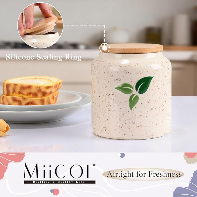 Miicol Ceramic Storage Canister with Airtight Lid, Food Storage Container, Round Tea Canister, Pantry Organizer, Kitchen Storage Jar for Coffee Bean, Flour, Pasta, Sugar, Spices, 20 fl.oz