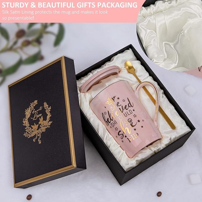 Graduation Gifts for Her 2026 - She Believed She Could So She Did Mug - Valentines Spiritual Motivational Congratulations Gifts for Women, 14oz Pink Ceramic Marble Gold Print Coffee Cup, Nicely Boxed