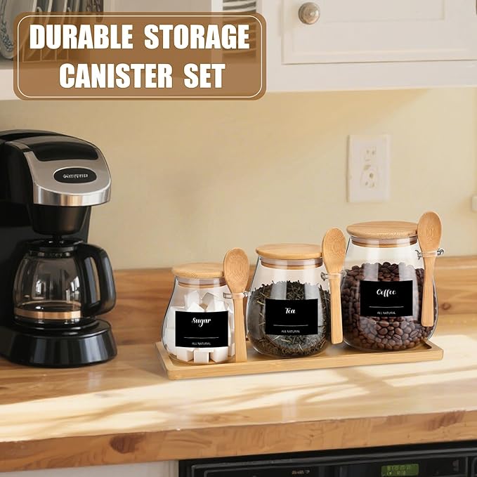 Suclain 3 Pcs Glass Coffee Container with Wooden Lid Spoon Tray Shelf Labels Clear Airtight Glass Jar Storage Container Set for Coffee Beans Tea Leaves Grains Dried Fruits Sugar Spice (16oz 28oz 38oz)