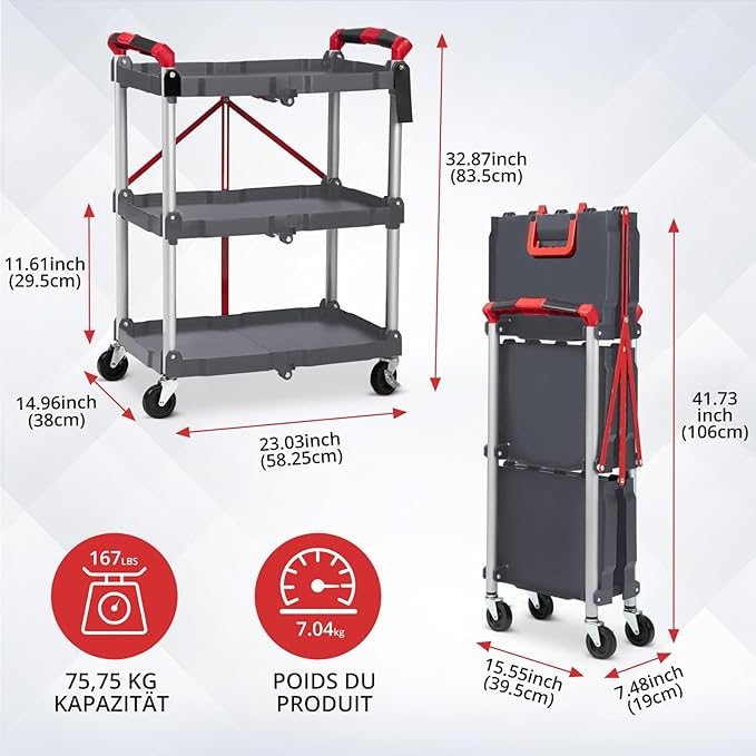 3 Tier Folding Utility Cart with Wheels, 168 LBS Total Load Capacity, Collapsible Service Cart for Garage, Workshop and Office, Portable Aluminum Alloy Rolling Tool Cart, Grey