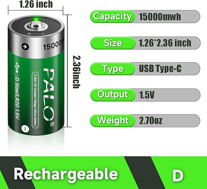 Rechargeable D Batteries 6 Pack with USB-C Charging Cable, D Size Cell Battery 15000mWh for Flashlight Toys & Floodlight