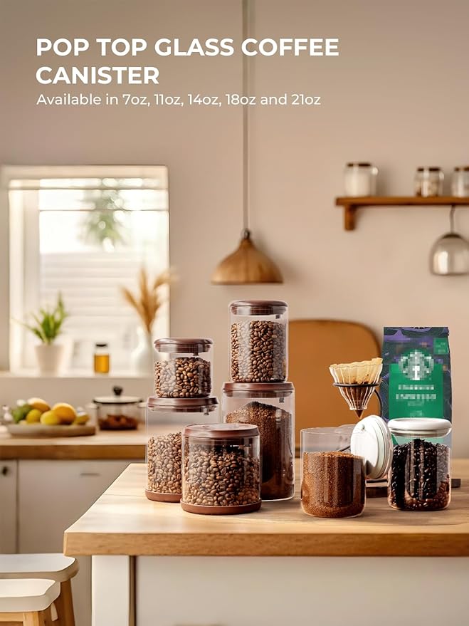 Glass Coffee Container - 10 oz Pop Top Coffee Storage Airtight Canister, Large Ground Coffee Containers Coffee Jars with Lids, 0.63lb, 2 Pack