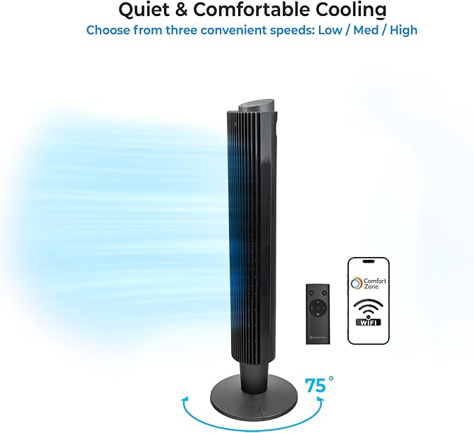Comfort Zone 42-Inch Smart Wi-Fi Oscillating Tower Fan – 5 Speeds, 3 Modes, Adjustable 36–42" Height, Bladeless Quiet Standing Fan with Remote, 12H Timer & App Control for Bedroom, Home & Office