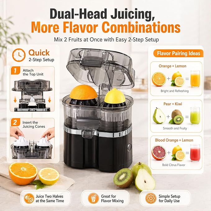 Dual-Head Automatic Citrus Juicer, Electric Citrus Juicer with Power Cord and Cleaning Brush, 1-Button Orange Lemon Lime Squeezer, Detachable Easy Clean Juicers Machine for Kitchen (Black)
