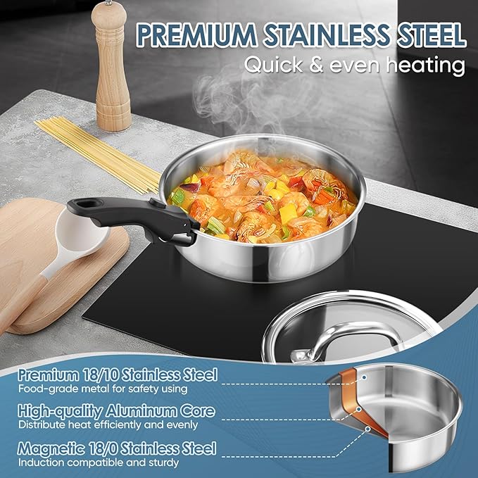 Walchoice 13pcs Stainless Steel Cookware Set, Tri-Ply Pots and Pans Set with Detachable Handles, Cooking Set for RV, Camping, Kitchen, All Stoves Compatible & Dishwasher Safe