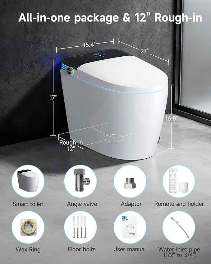 Smart Toilet with Bidet Built In, Elongated One Piece Bidet Toilet with Powerful Flush,Auto Open/Close,Foot Sensor,Heated Seat,Instant Warm Water&Dryer, 1.28 GPF
