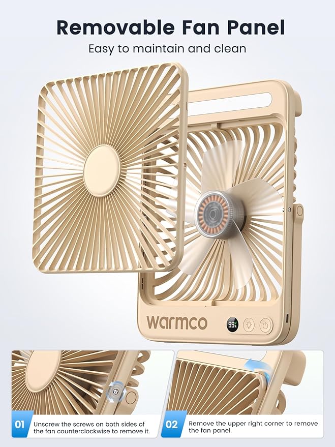 Warmco 20000mAh Battery Powered Fan, 8-Inch Ultra-Slim Portable Camping Fan with LED Lantern, Up to 48H Runtime Rechargeable Desk Fan for Bedroom, Outdoor, Tent, Travel, Cruise Ship Essentials