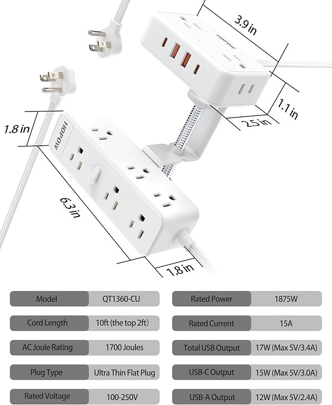 HOPOW Dual Layer Desk Clamp Power Strip(White), Desktop Edge Mount Charging Station with 13 Outlets 4 USB Ports (2 USB C), Under Desk Surge Protector(1700 Joules), 10 Ft Extension Cord for Office