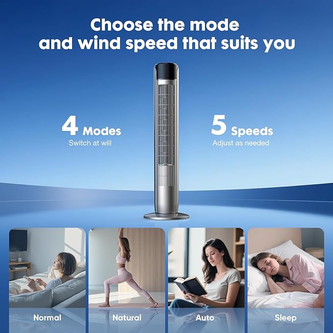 NEWBULIG Tower Fan for Bedroom, Oscillating Standing Bladeless Fan with Remote, 5 Speeds & 4Modes, 28db Quiet for Sleep, 25ft/s High Velocity, 12H Timer, Office, Home, Dorm