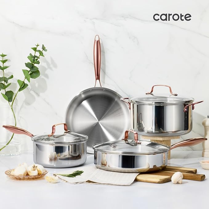 CAROTE 30 PCS Tri-Ply Stainless Steel Cookware Set Pots and Pans Set | Non Toxic Induction Kitchen Cooking Sets,Oven & Dishwasher Safe, All-Stovetop Compatible