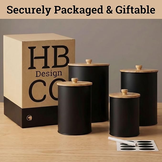 Kitchen Canisters for Countertop Set of 4 with Customizable Chalkboard Labels & Marker Pen - Big Iron Kitchen Canisters with Airtight Lids - Black Canister Set - Flour and Sugar Containers Farmhouse