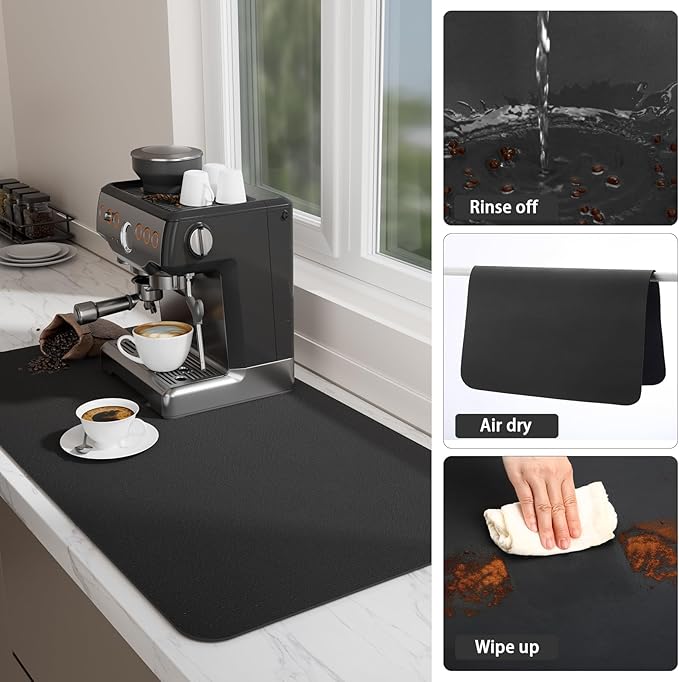 Ecotrim Absorbent Coffee Mat , Stain Hiding PU Leather Surface, Non-Slip Natural Rubber Backing, Quick Dry Mat for Espresso Machine, Kitchen Counter ,Black | 16" x 24"