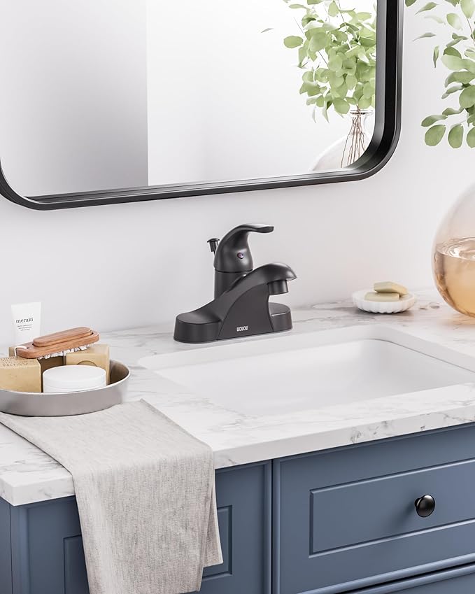 WOWOW Black Bathroom Faucet One Handle 4 inch Centerset Bathroom Faucets with Lift Rod Drain Assembly Sink Faucet Lavatory Faucet Matte Black Bathroom Faucets