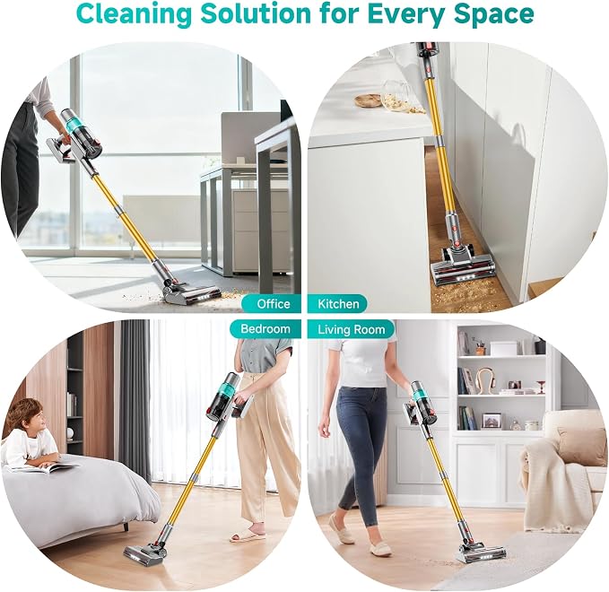 Cordless Vacuum Cleaner:Portable 6-in-1 Stick Vacuum with Anti-Tangle Brush | LED Headlight, Self-Standing, HD Display, Rechargeable Vacuum for Pet Hair, Low-Pile Carpet and Hardwood Floor-Green
