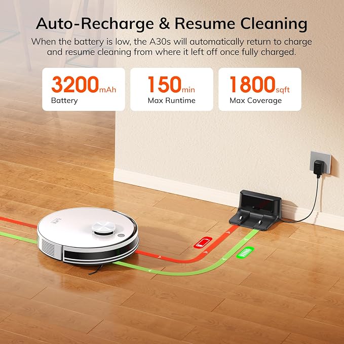ILIFE A30s Robot Vacuum, 10000Pa Max Suction | LiDAR Navigation, Home Mapping, No-Go Zone, 150 Mins, App, Voice and Remote Control, for Hard Floor, Carpet and Pet Hair